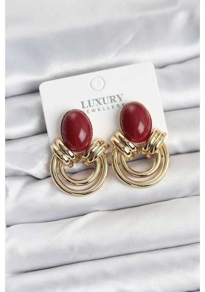 Pirinç Gold Renk Bordo Taşlı Vintage Kadın Küpe Altın 23625252