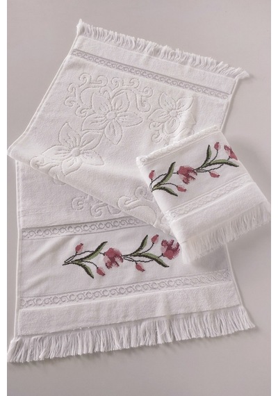 Kanaviçe Nakışlı Güllü Kadife El Yüz Havlusu Seti-2'li - 50x90 Cm- Beyaz Beyaz Beyaz