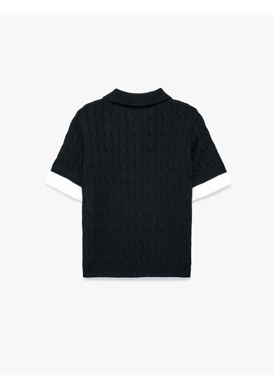 Koton Regular Fit Renk Kontrastı Kısa Kollu Polo Yaka Saç Örgü Kazak Lacivert 7wak90600ht