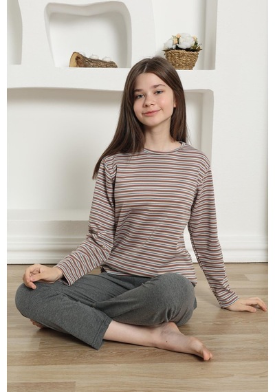 Akbeniz Kız Çocuk Penye Pijama Takım 20424 Füme