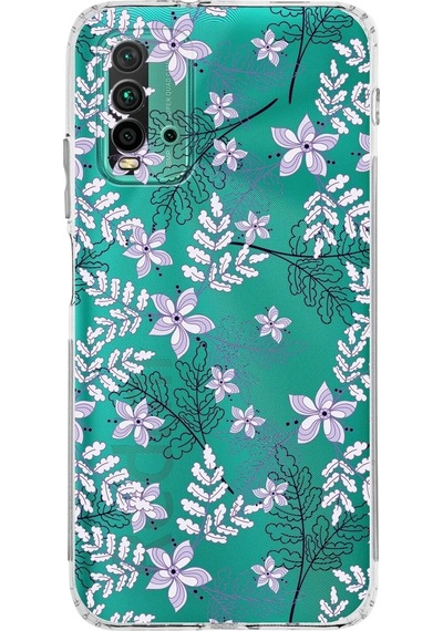 Xiaomi Redmi 9t Kamera Korumalı Kapak Floral Lila Tasarımlı Şeffaf Kılıf