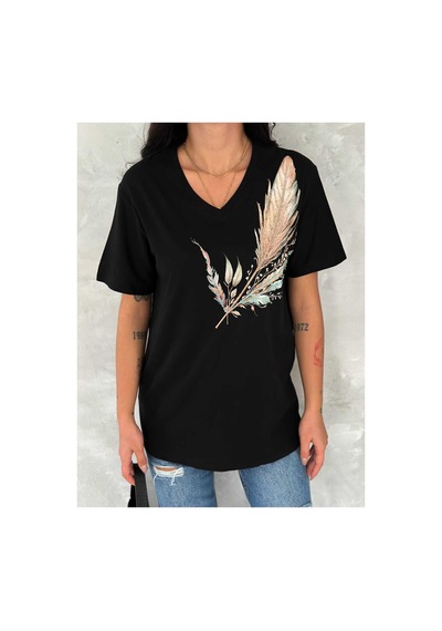 Cassime Kadın Büyük Beden Omzu Yaprak Pul Payet Nakışlı Tişört Xl-2xl-3xl Siyah