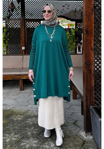 Rabia Şamlı Sevda Triko Tunik Zümrüt Çok Renkli