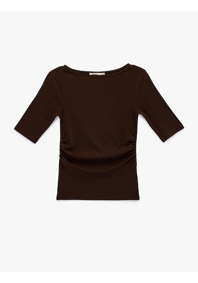 Koton Pamuklu Kayık Yaka Yarım Kollu Slim Fit Tişört Kahverengi 6sak50012ek Kahve
