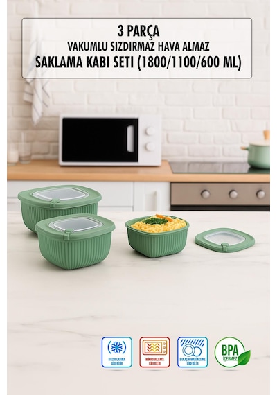 Kare 3 Parça Vakumlu Sızdırmaz Hava Almaz Saklama Kabı Seti Yeşil 1800/1100/600 Ml Karisik