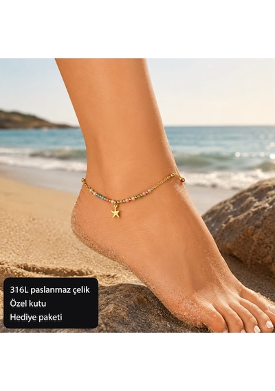 Pastel Star Charm Anklet Pastel Deniz Yıldızı Çelik Halhal Çok Renkli
