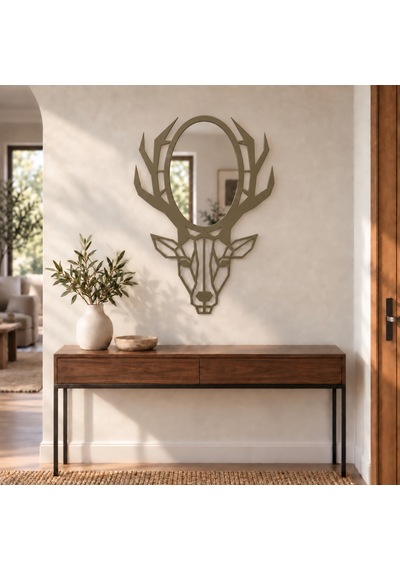 Geometrik Geyik Başı Siyah Metal Duvar Aynası Bronz