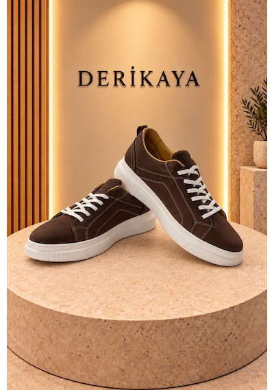 Deri Kaya Erkek Nubuk Deri Bağcıklı Günlük Sneaker Spor Ayakkabı Kahverengi