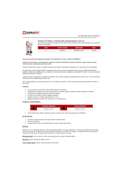 Supravet Kısırlaştırılmış Kediler İçin Multivitamin Malt Macun 100 G