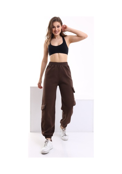 Winmoda34 Kadın Jogger Kalın 3 Iplik Yandan Cepli Kargo Eşofman Altı Kahverengi