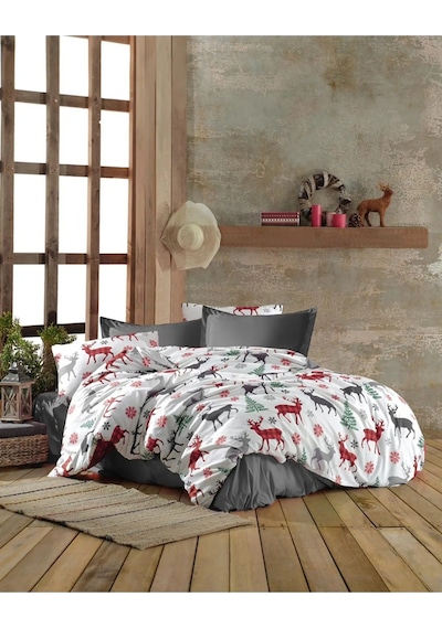 Mertim Geyik Desenli Yılbaşı Nevresim Takımı 160 x 200 Kırmızı