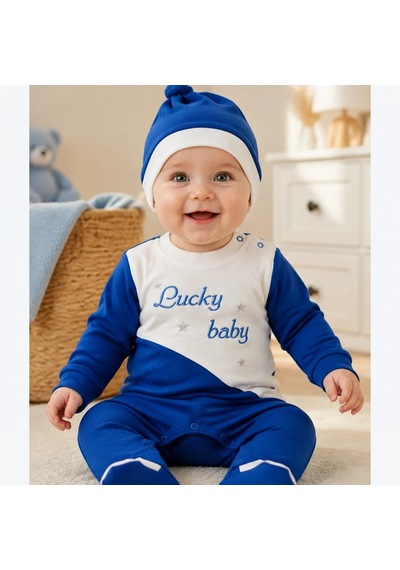 Candar Lucky Baby Es Çizgi Boy Nakışlı Şapkalı Erkek Bebek Tulumu 0-3 Ve 3-6 Ay Lacivert