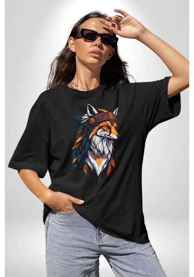 Kızılderili Tilki Pamuklu Bisiklet Yaka Unisex Oversize Boyfriend Dijital Baskılı Siyah T-shirt Siyah