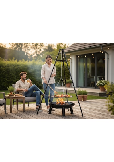 Ateş Çukurlu Mangal Tripod Izgara Ayarlanabilir Zincirli Mangal Seti Siyah
