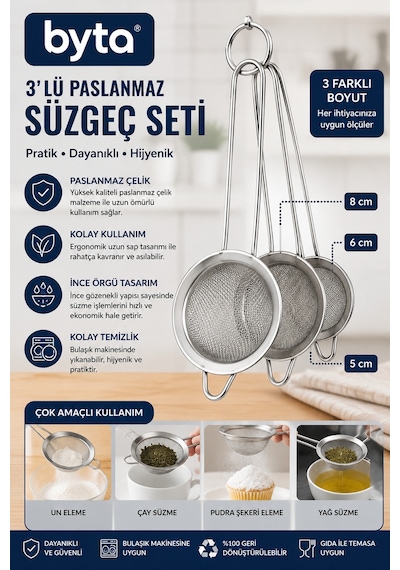 3'lü Paslanmaz Çelik Süzgeç Seti 5 Cm, 6 Cm, 8 Cm İnce Tel Mutfak Süzgeci Çay, Un, Baharat Ve Pudra Şekeri İçin Diğer