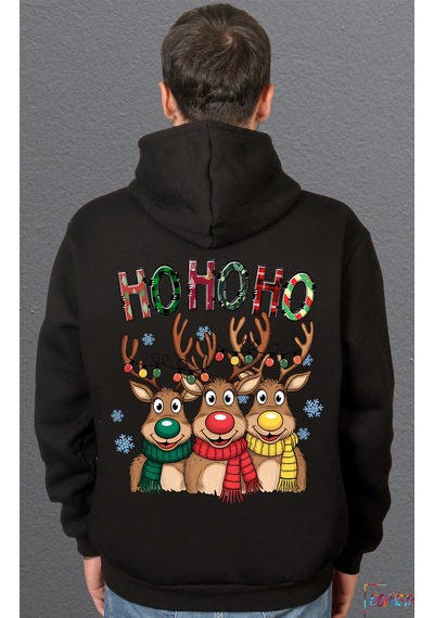 Bumeta Ho Ho Ho Noel Geyiği Yılbaşı Sweatshirt Unisex Kapüşonlu Hoodie Siyah