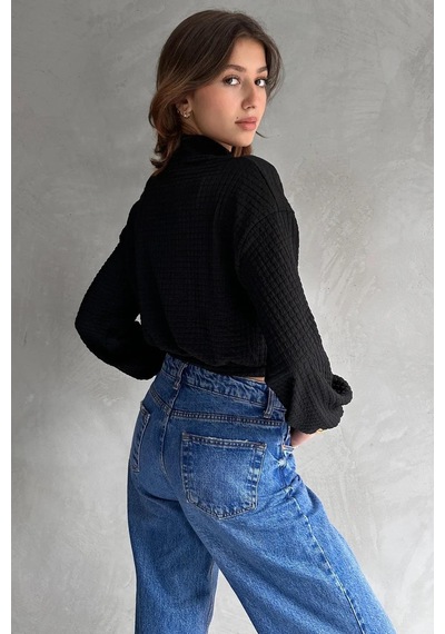 Markahit Defile Balıkçı Yaka Dokulu Crop Bluz Siyah