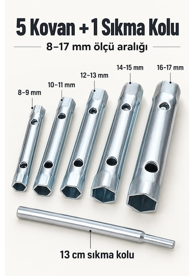 6 Parça Çift Ağızlı Kovan Anahtar Takımı 8-17 Mm Sıkma Kollu Lokma Takımı