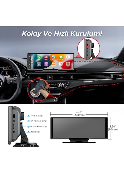 Embatech 10.26 İnç Carplay Ve Android Auto Destekli 4k Ön Arka Çift Kameralı Tak Çalıştır Araç Multimedya Ekranı 10.25"