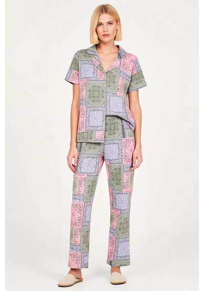 Benerly Kadın Büyük Beden Etnik Desenli Gömlek Yaka Kısa Kollu Pijama Tak Çok renkli
