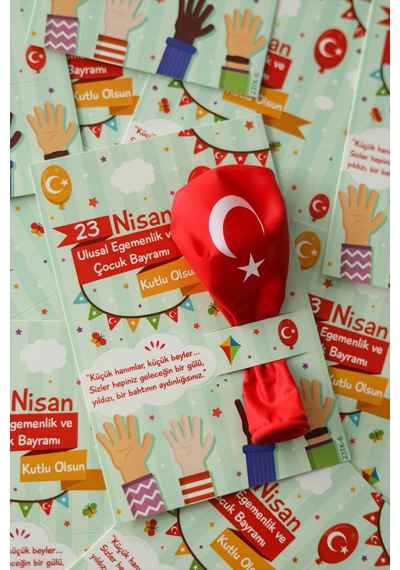 20 Adet Balon ve 23 Nisan Tebrik Kartı 20'li Set Sınıf Hediyelik Türk Bayraklı Balon