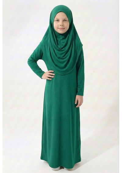 Mnk Baby & Kids Pratik Başörtülü Kız Çocuk Namaz Elbisesi M00789 Yeşil