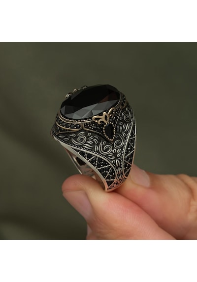 Oval Siyah Taşlı 925 Gümüş Erkek Yüzük Beyaz