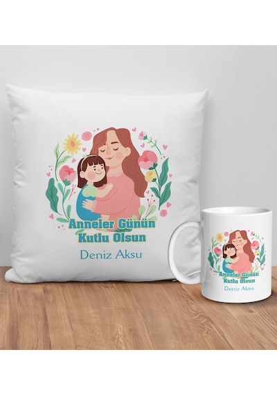 Bk Gift Kişiye Özel Anne Tasarımlı Beyaz Kırlent Yastık Ve Kupa Seti-4, Anneye , Anneler Günü leri