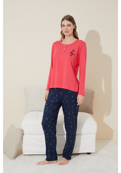 Siyah İnci Düğmeli Pamuklu Örme Pijama Takım 24240100 NAR ÇİÇEĞİ