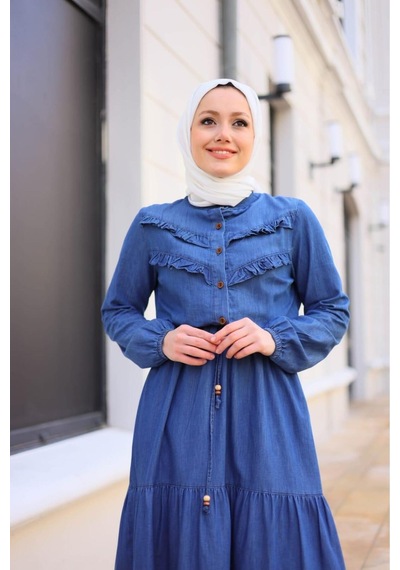 Harman Butik Kadın Fır Fırlı Denim Kot Elbise Koyu Mavi Koyu Mavi
