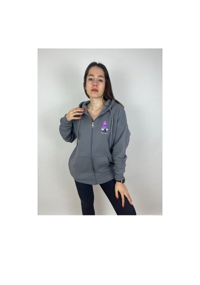 Altamira Unisex Gri Karikatür Baskılı Mevsimlik Oversize Kapüşonlu Hırka 001