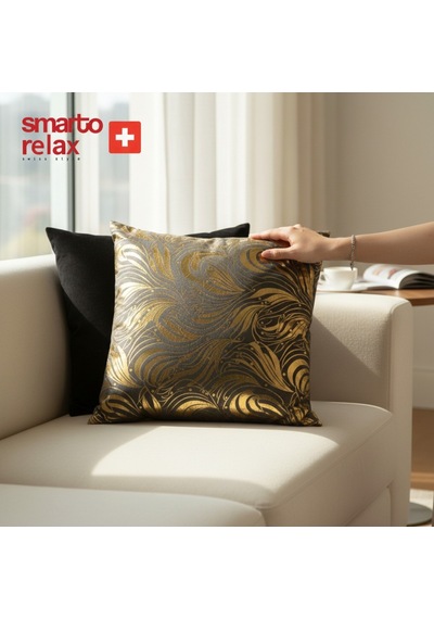 Smarto Relax Dolgulu Kırlent Antibakteriyel Desenli Dekoratif 45x45 Cm Siyah - Altın