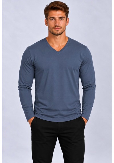 Axxel Erkek Pamuklu V Yaka Uzun Kollu T-shirt-d8004 Füme