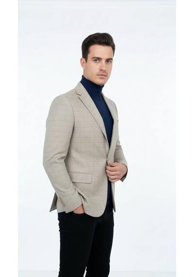 Plus Scorpion Ekoseli Slim Fit Erkek Blazer Ceket Şık Modern Tasarım, Tek Düğmeli Açık Bej