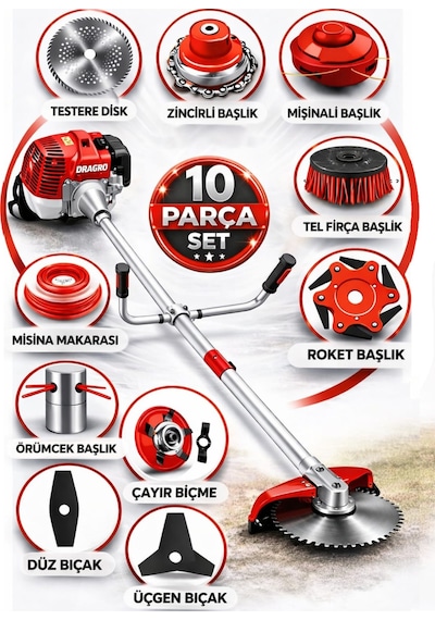 Dragro German Drg-10 + Yan Tipi Benzinli Ot Çalı Çim Biçme Tırpanı + Full Set Hediyeli K