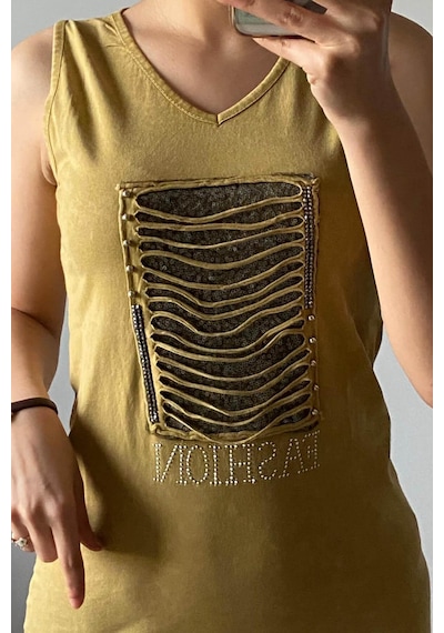 Mia Butik Kadın V Yaka Kare Pul Payetli Hardal Elbise-977 Hardal