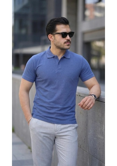 Defymoda Erkek Kısa Kollu Yakalı Tişört B. İndigo