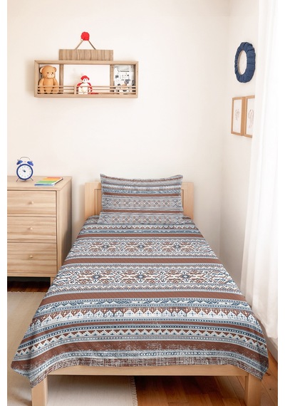 Etnik Geometrik Kahverengi Pike Takımı - Bohem Çizgili Mavi Bej 160x220 Cm Kapitone Yatak Örtüsü Lavantaımsı Koru Havası
