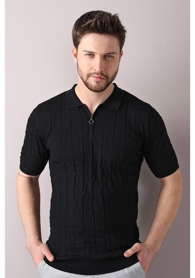 Ferraro Siyah Polo Yaka Fermuarlı Erkek Pamuk Triko T-Shirt-Siyah (417942614) Siyah