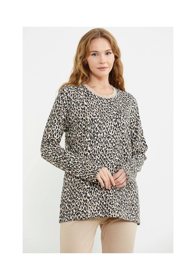 Angbutik Sementa 76413 Rahat Kalıp Leopar Kombinli Pijama Takım Bej