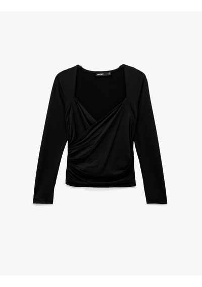 Koton Uzun Kollu Slim Fit Kruvaze V Yaka Saten Bluz Siyah 6wak50356ek Siyah
