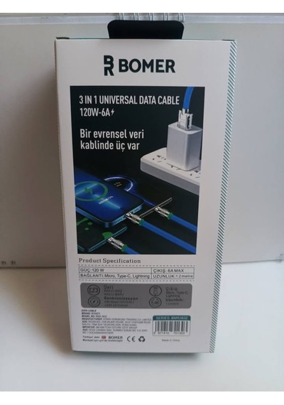 Bomer 3825 120w 6a 3 İn 1 Unıversal Data Cable 120w 6a Şarj Ve Data Kablosu 3 In 1