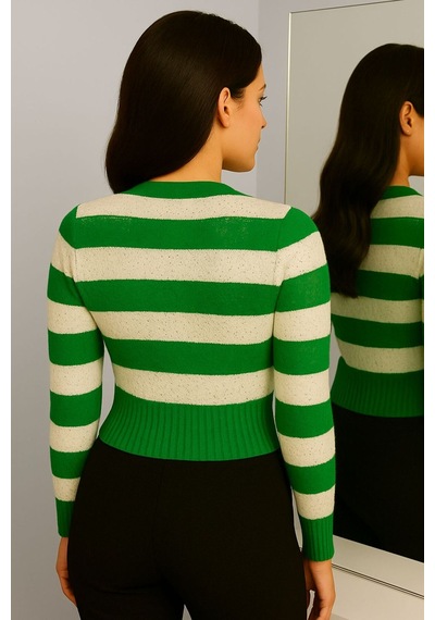 Hira Life Fashion Kadın Önü Düğmeli Ve Çift Renkli Çizgili Triko Hırka Yeşil Yeşil
