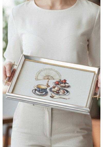 Gümüş Çerçeveli Çay Ve Tatlı Temalı Lüks Dikdörtgen Cam Tepsi - 44x30 Cm Diğer