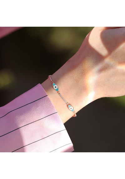 Zirkon Taşlı Mavi Mine İşli Göz Modeli Rose Gold Kaplama Gümüş Bileklik Gümüş
