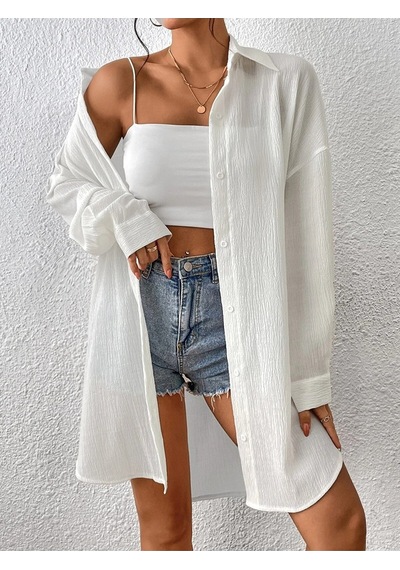 Kadın Oversize Uzun Gömlek - Beyaz Düz Uzun Gömlek Beyaz