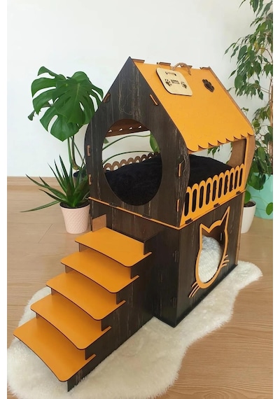 Ahşap Büyük Teraslı Kedi Evi 2XL