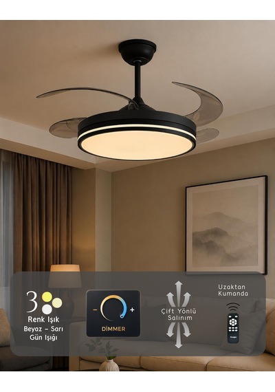 German Black Kuhle Tavan Vantilatörü 3 Renk Led Gizli Pervaneli Kumandalı Dimmer Ayarlı Bl Sistem Isınmaz Motor