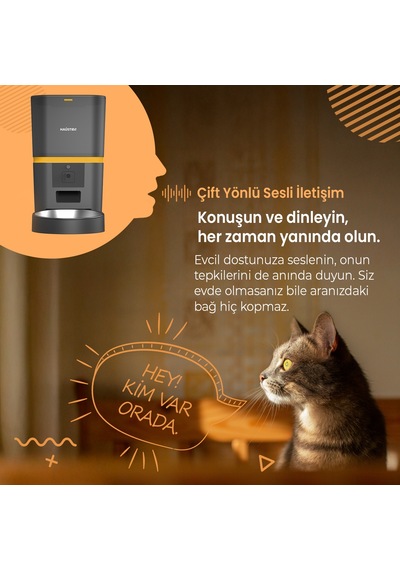Haustier Qq005 Siyah Kameralı Akıllı Kedi Köpek Otomatik Mama Kabı, Tuya App-wifi Uzaktan Kontrol, Sesle Çağırma, 480p Kamera, 6lt Hazne, Metal Kase