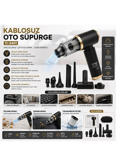 Mini Taşınabilir El Süpürgesi 2in1 Şarjlı Oto Ve Ev Kullanımı